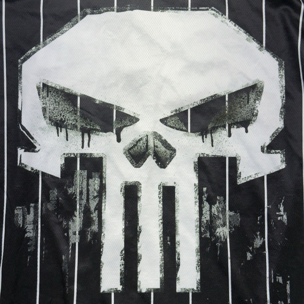 The Punisher Marvel Comics Baseball Jersey Mens XL Black Pinstripe Skull Shirt - Picture 7 of 10